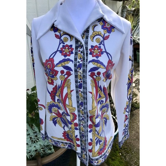 Vtg 60s Rare Smartique Polyester Mod Floral Geo Blouse Shirt 36 M Boho Disco HTF - Picture 7 of 16